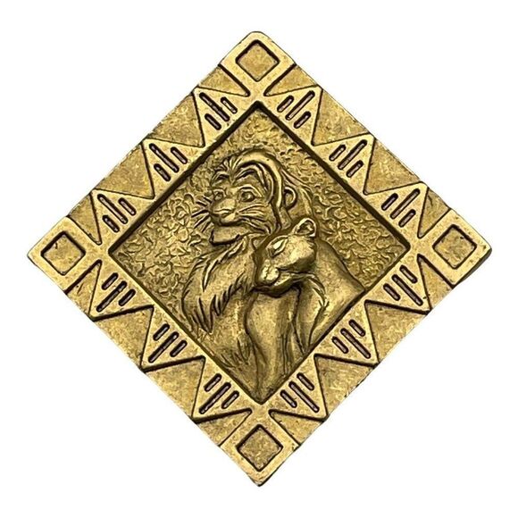 Vintage Disney Lion King Simba And Nala Gold Tone Brooch Square Pin HTF - Picture 1 of 7